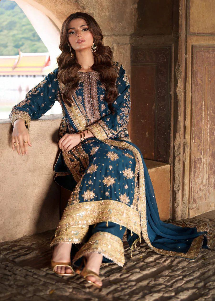 Blue Suit Set With Heavy Embroidery Sequence Work with Rivet Moti Work