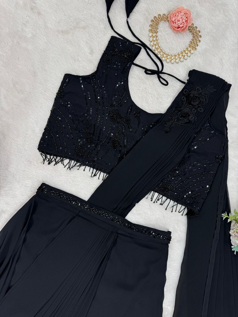 Black foux georgette sequence with Val with thread fancy lace ready to wear dhoti style