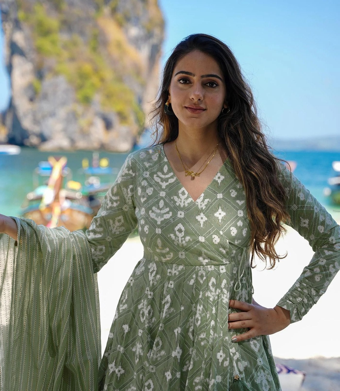 Pista Xena Anarkali Pant Dupatta Set Party Collection