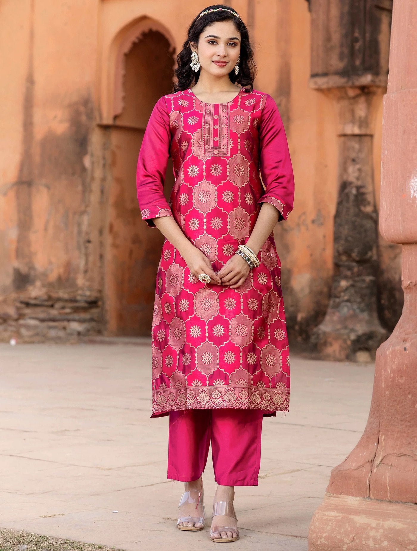 Fresh Pink Maharaja Women’s Kurta Pant Dupatta Set Traditional Wear