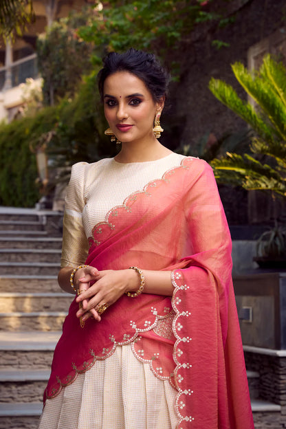 Jequard Checkered Zari Weaving Work Lehenga Choli With Dupatta