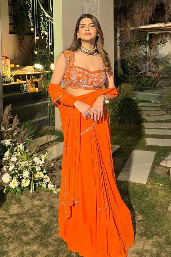 Orange Pre Draped Corset Ready To Wear Lehenga Saree