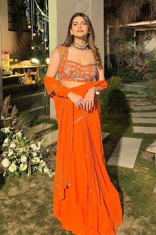 Orange Pre Draped Corset Ready To Wear Lehenga Saree