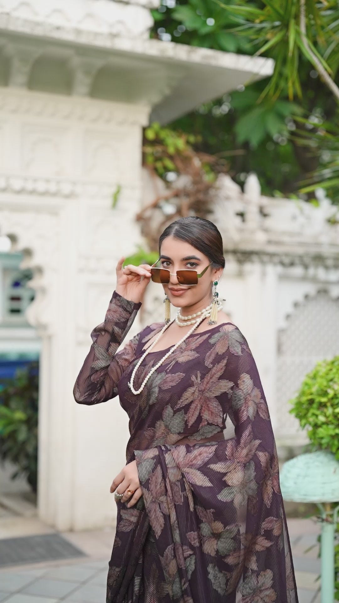 Wine Viscose Brasso Floral Printed Saree With Blouse Set
