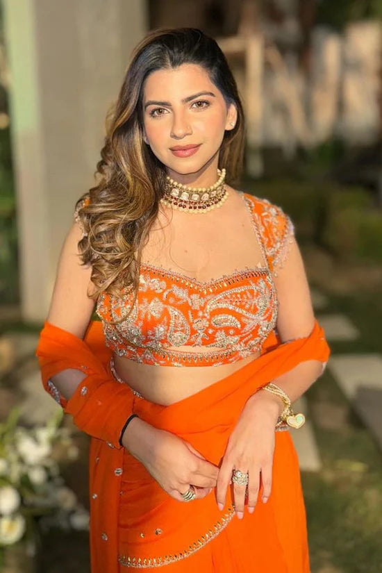Orange Pre Draped Corset Ready To Wear Lehenga Saree