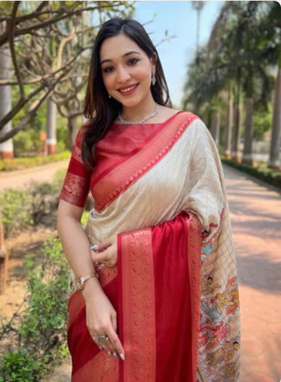 Cream Colour Double Border Chex Weaving Banarasi Soft Silk Saree