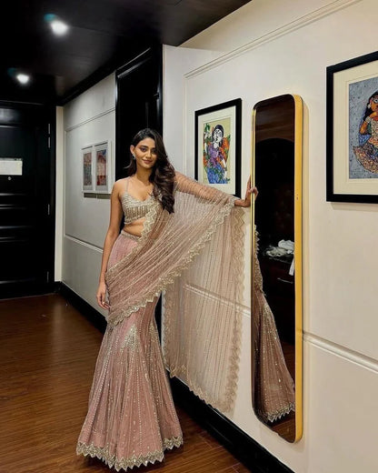 Soft Pink & Silver Fish Cut Lehenga Saree