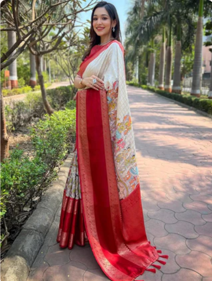 Cream Colour Double Border Chex Weaving Banarasi Soft Silk Saree