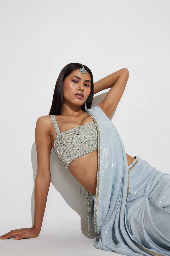Icy Blue Ready To Wear Sequin Saree for Party & Reception