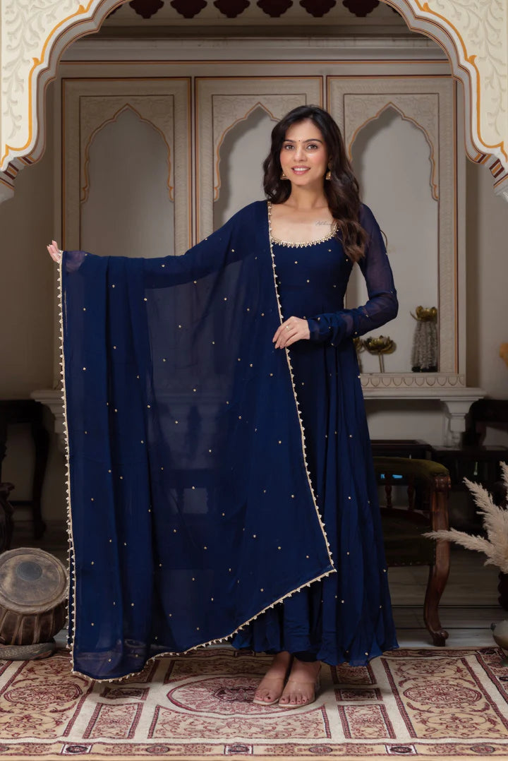 Navy Blue Long Anarkali Dress for Women