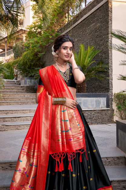 Black Jequard Silk Paithani Lehenga Choli With Dupatta