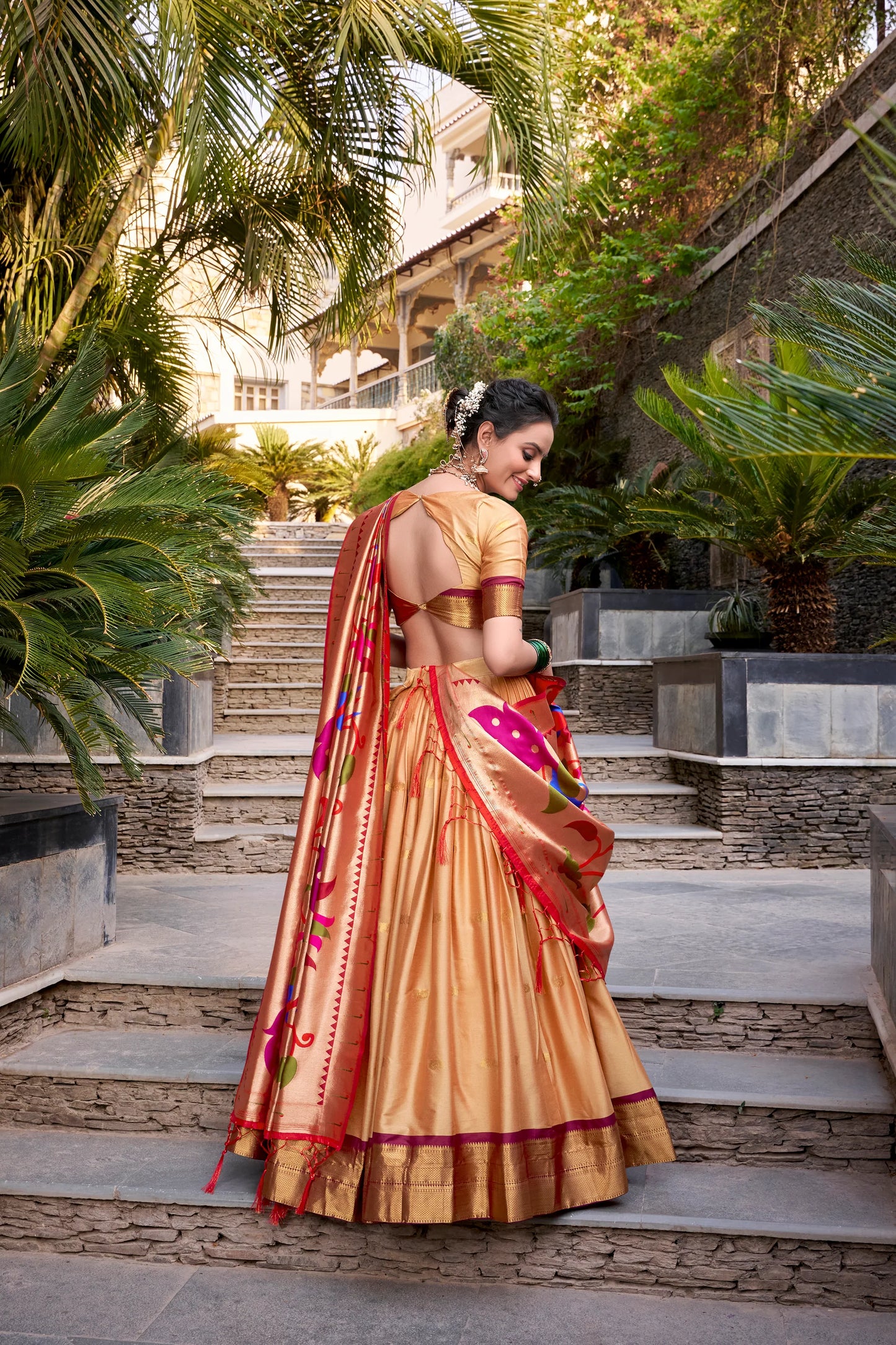 Golden Jequard Silk Paithani Lehenga Choli With Dupatta