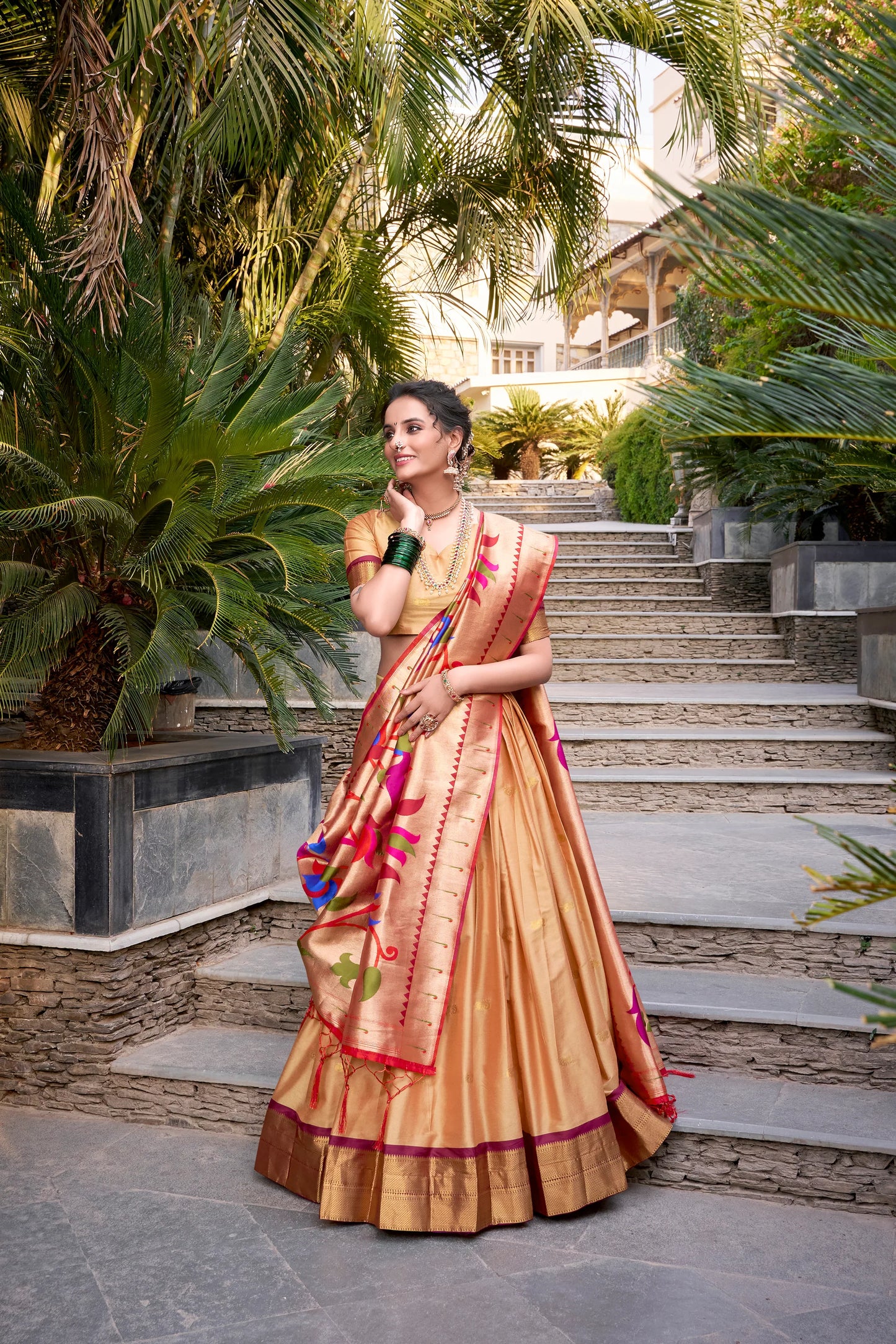 Golden Jequard Silk Paithani Lehenga Choli With Dupatta