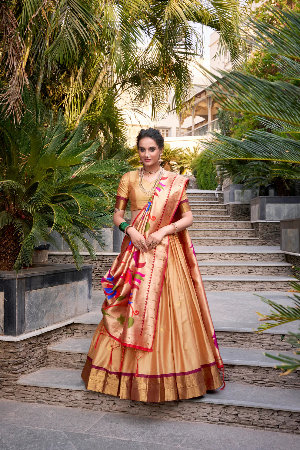 Golden Jequard Silk Paithani Lehenga Choli With Dupatta
