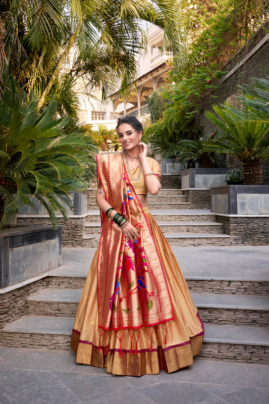 Golden Jequard Silk Paithani Lehenga Choli With Dupatta