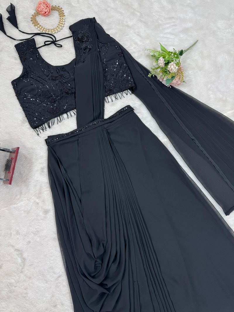 Black foux georgette sequence with Val with thread fancy lace ready to wear dhoti style
