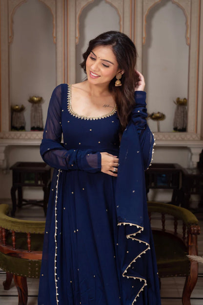 Navy Blue Long Anarkali Dress for Women