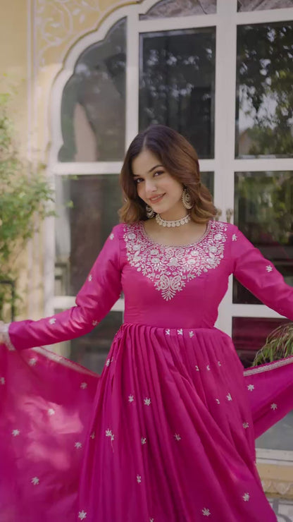 Silk Pink Zari Embroidered Anarkali Suit Pant With Dupatta