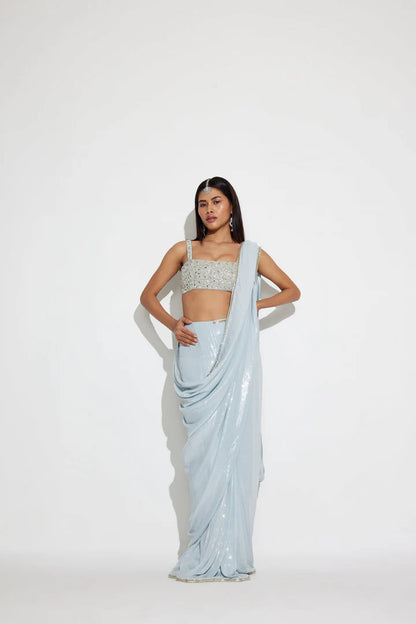 Icy Blue Ready To Wear Sequin Saree for Party & Reception