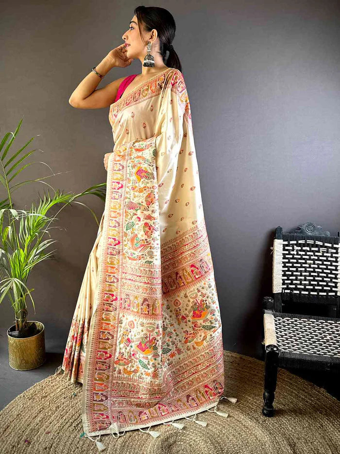 Off White Ethnic Motif Silk Saree