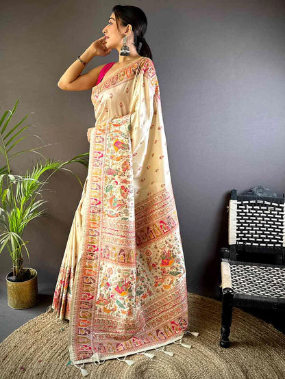 Off White Ethnic Motif Silk Saree