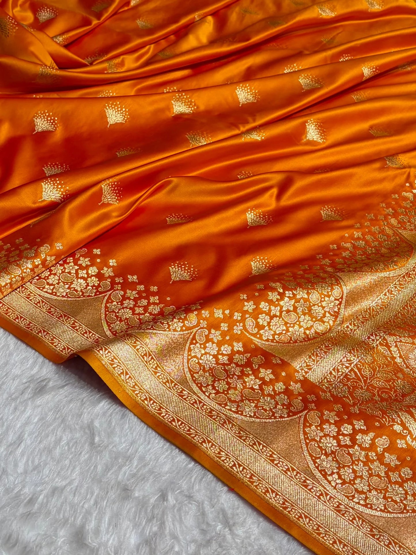 Banarasi Satin Silk Saree in Fire Gold Shade with Elegant Booti Work