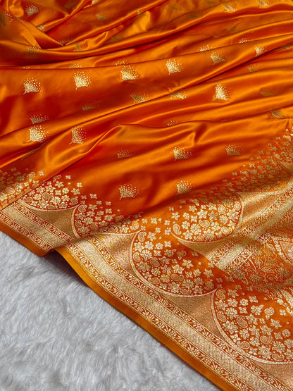 Banarasi Satin Silk Saree in Fire Gold Shade with Elegant Booti Work