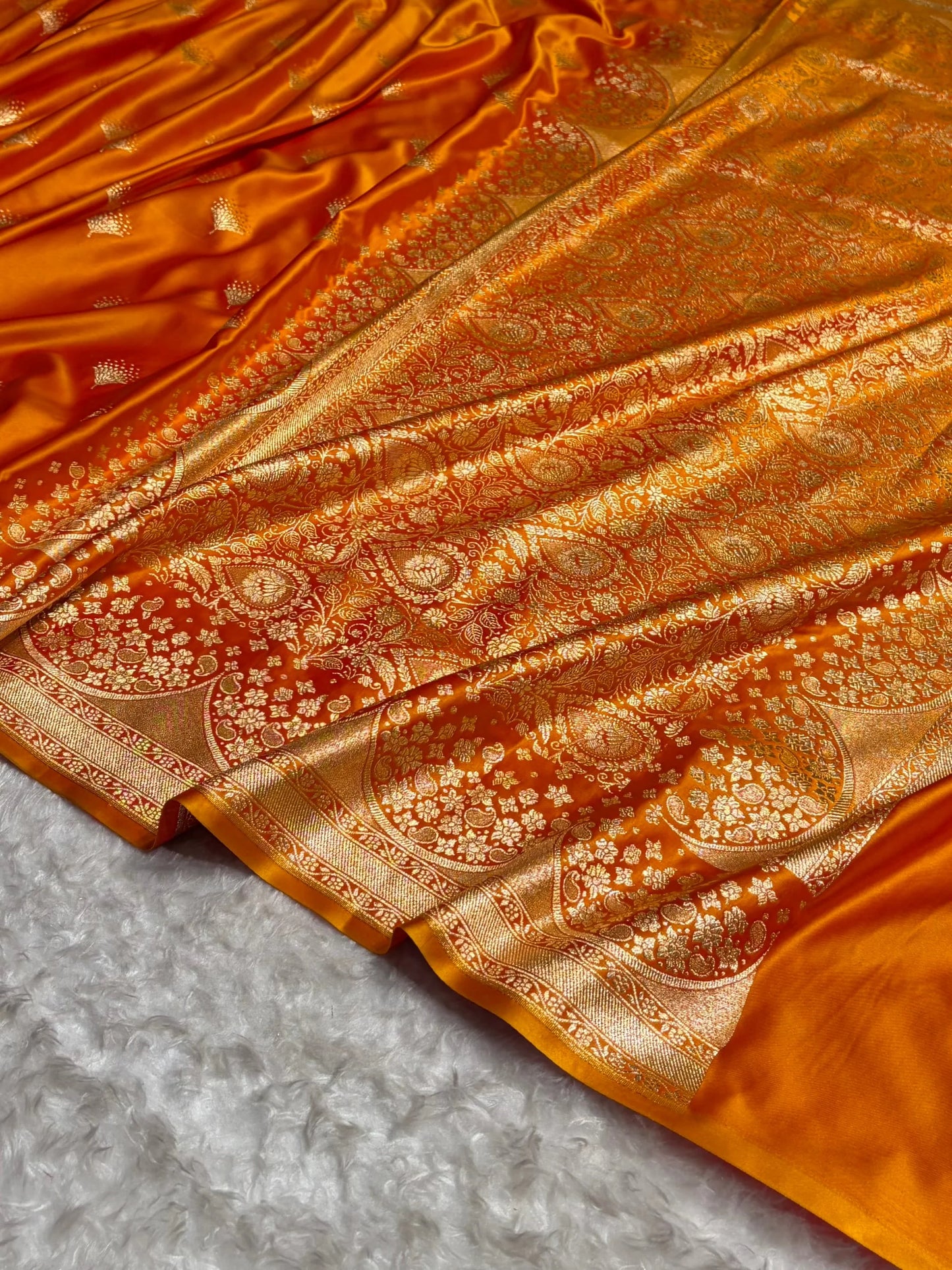 Banarasi Satin Silk Saree in Fire Gold Shade with Elegant Booti Work