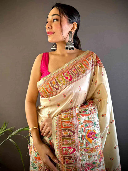 Off White Ethnic Motif Silk Saree