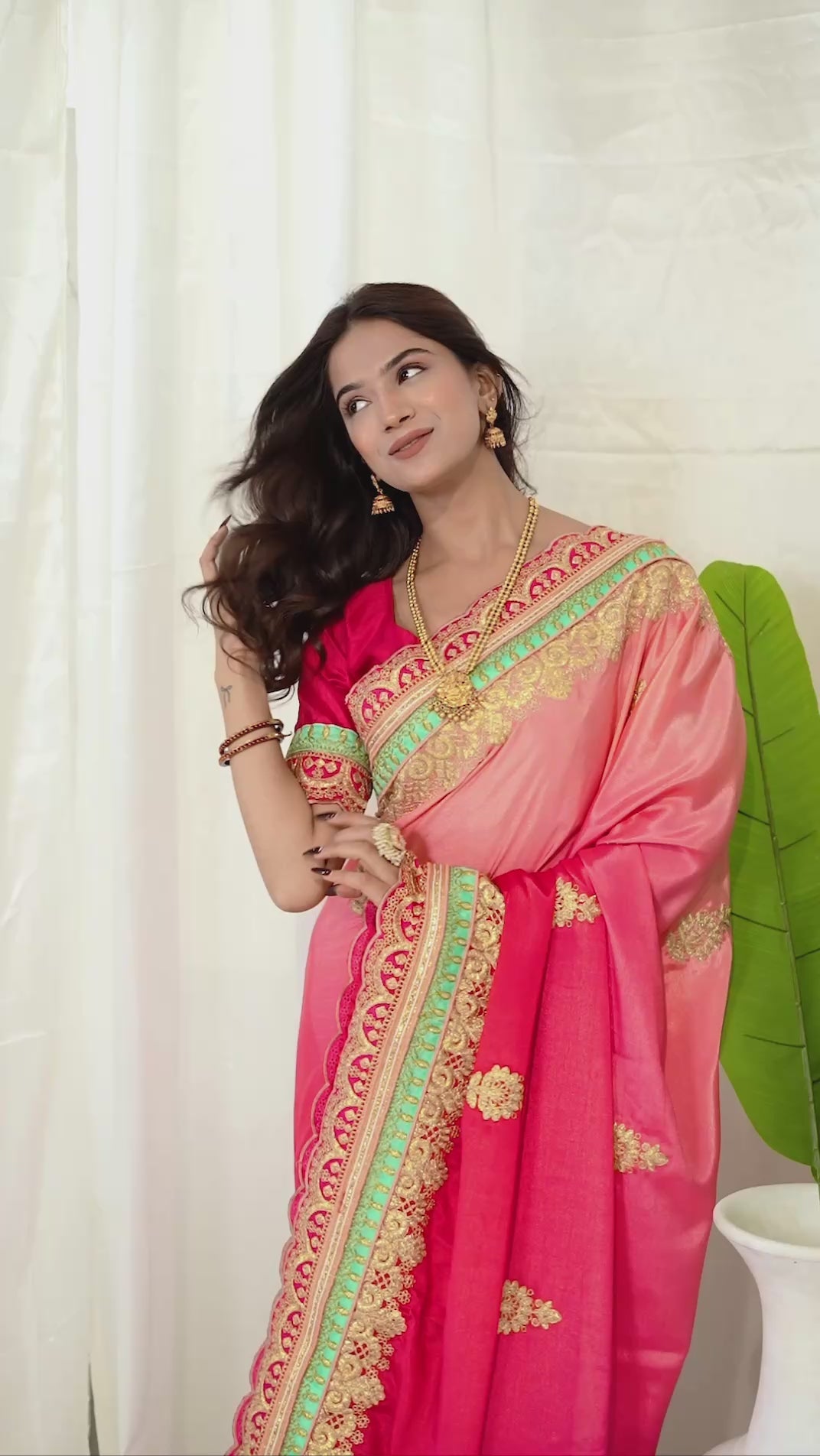 Embroidered Work Silk Red And Peach Shaded Saree With Blouse