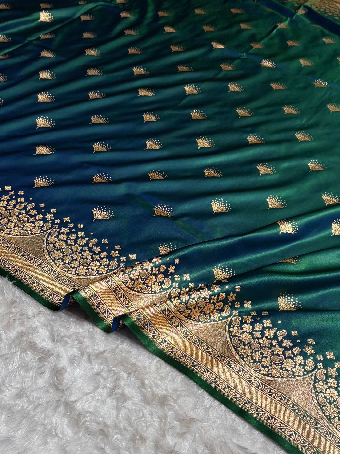 Banarasi Satin Silk Saree in Fire Gold Shade with Elegant Booti Work