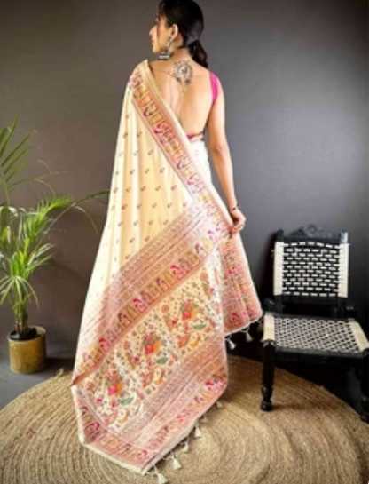 Off White Ethnic Motif Silk Blend Saree