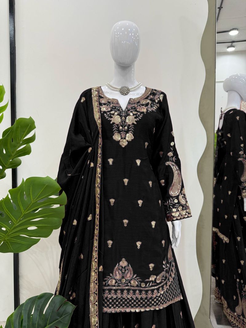 Black chinon silk thread with Sequence top & palazzo and dupatta