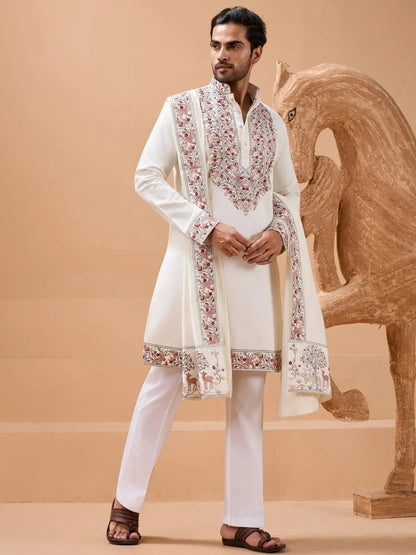 White Embroidered Silk Wedding Wear Men’s Kurta With Dupatta