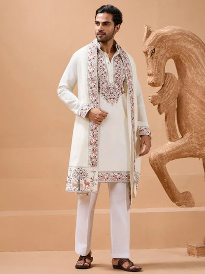 White Embroidered Silk Wedding Wear Men’s Kurta With Dupatta
