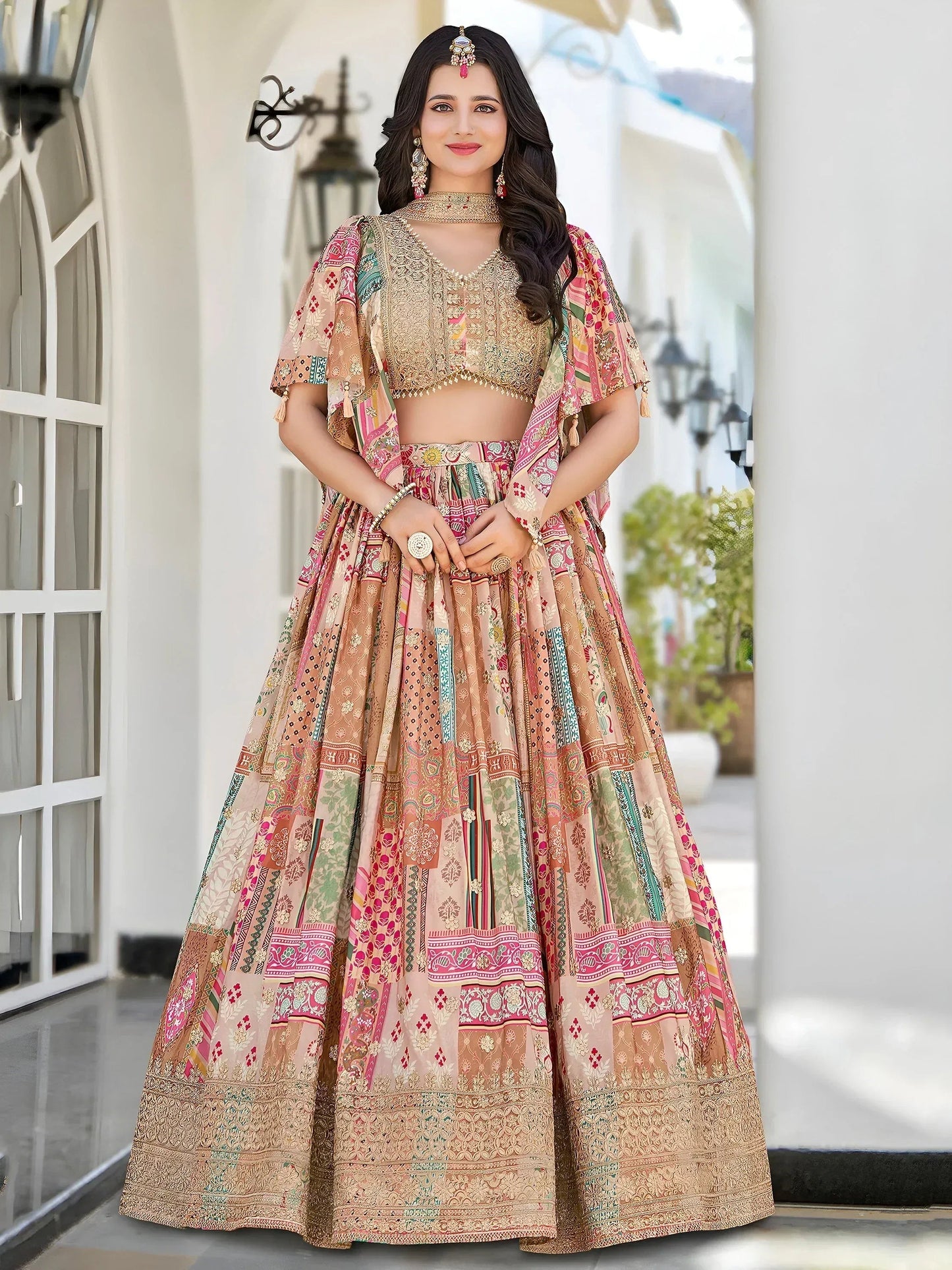 Beige Chinon Silk Zari Embroidered Lehenga Choli