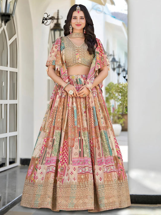 Beige Chinon Silk Zari Embroidered Lehenga Choli