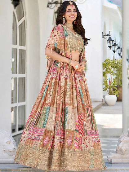Beige Chinon Silk Zari Embroidered Lehenga Choli