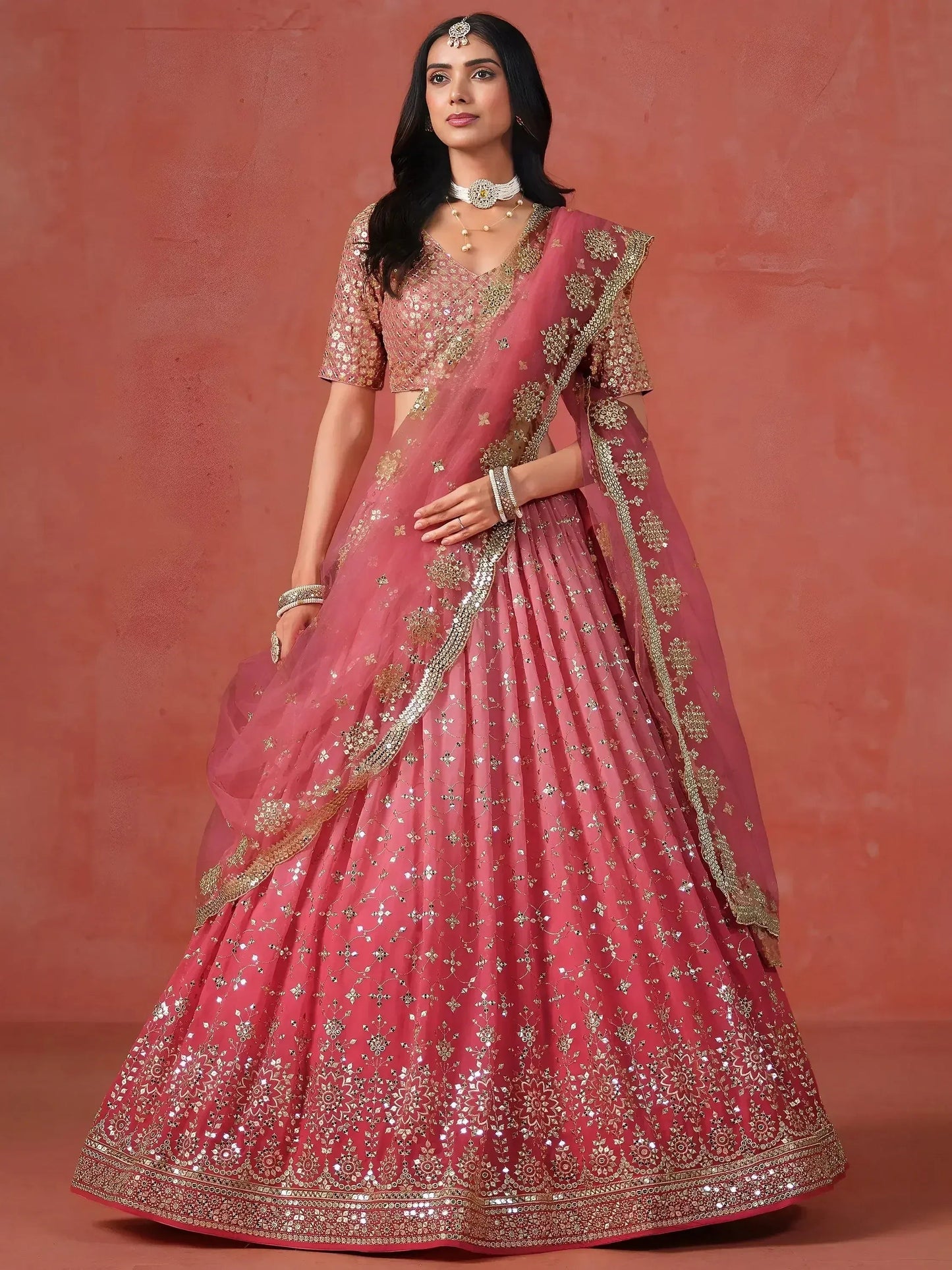 Peach Georgette Sequins Lehenga Choli
