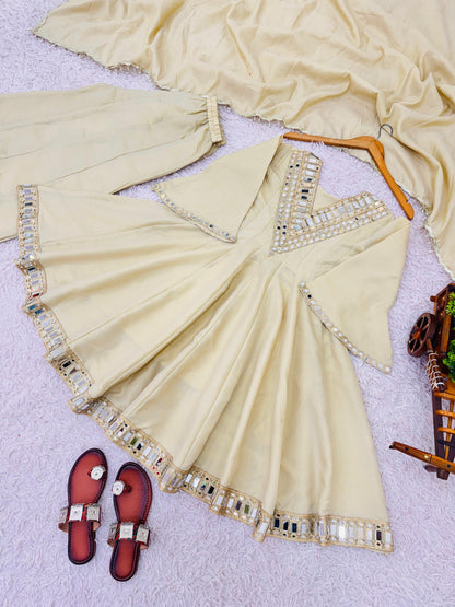 Exclusive Three Piece Palazzo Set Real Mirror Embroidery Work Ethnic Wear