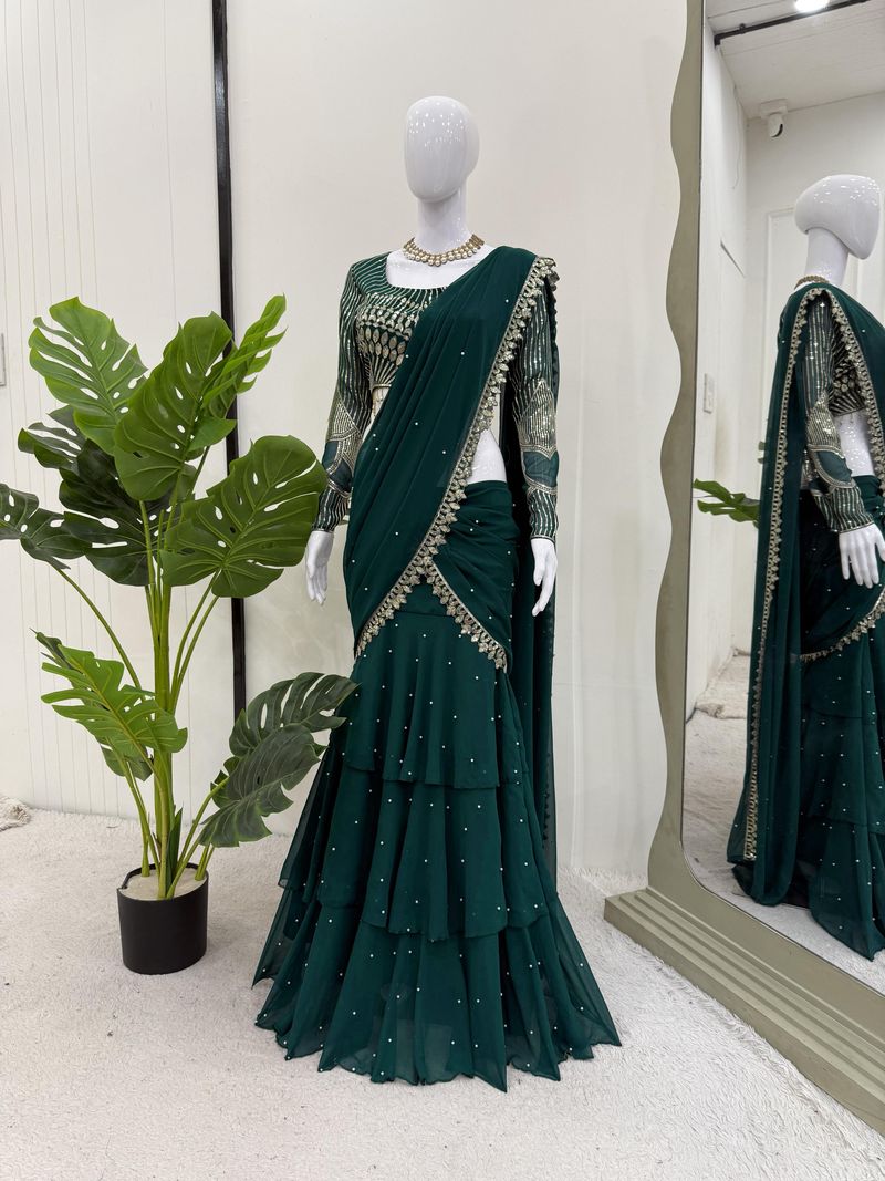 Dark green foux georgette thread with sequence with border raday to wear lehenga saree