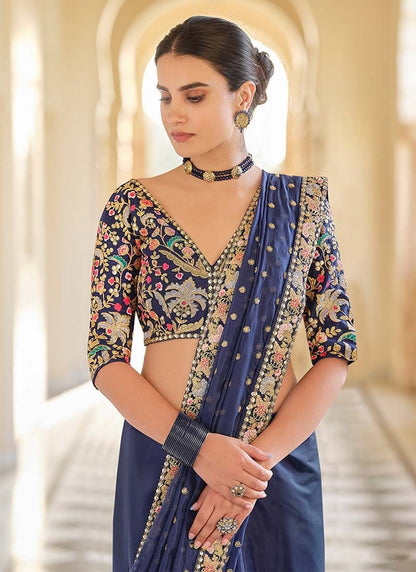 Navy Blue Ceremonial Embroidered Saree And Blouse