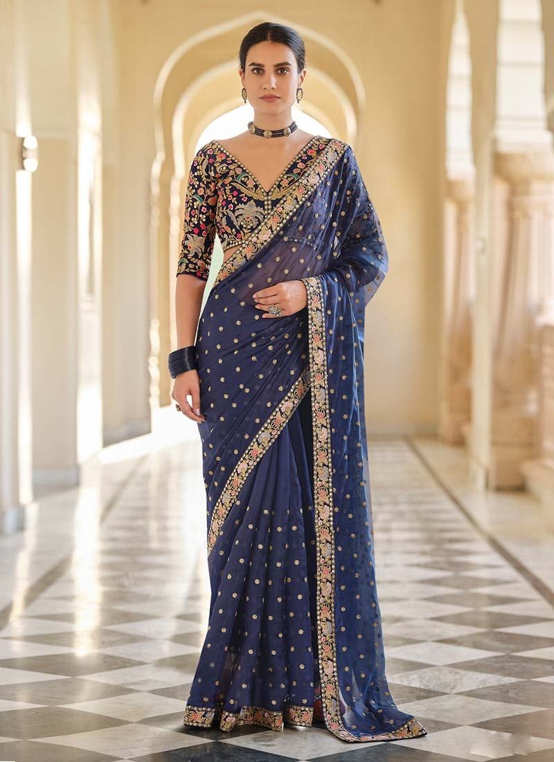 Navy Blue Ceremonial Embroidered Saree And Blouse