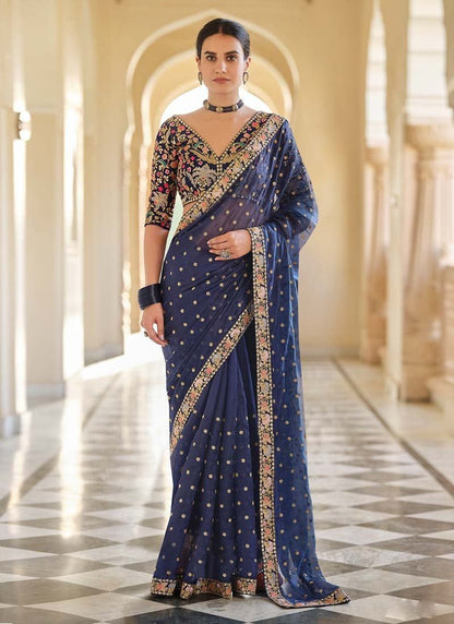 Navy Blue Ceremonial Embroidered Saree And Blouse