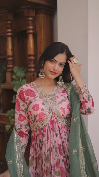 Floral Printed Russian Silk Embroidered Pink Gown With Dupatta