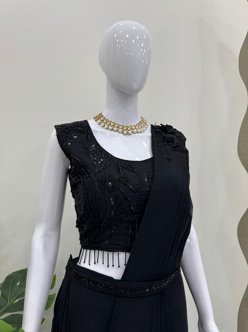 Black foux georgette sequence with Val with thread fancy lace ready to wear dhoti style