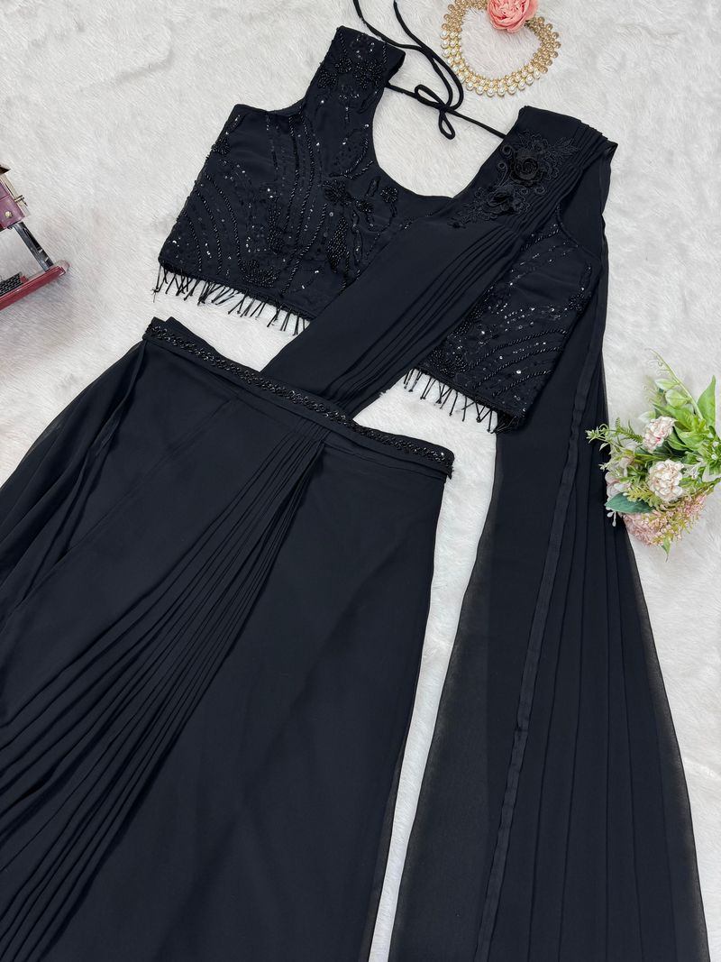 Black foux georgette sequence with Val with thread fancy lace ready to wear dhoti style