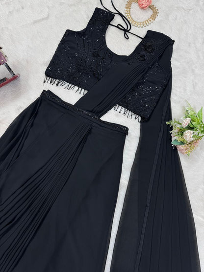 Black foux georgette sequence with Val with thread fancy lace ready to wear dhoti style