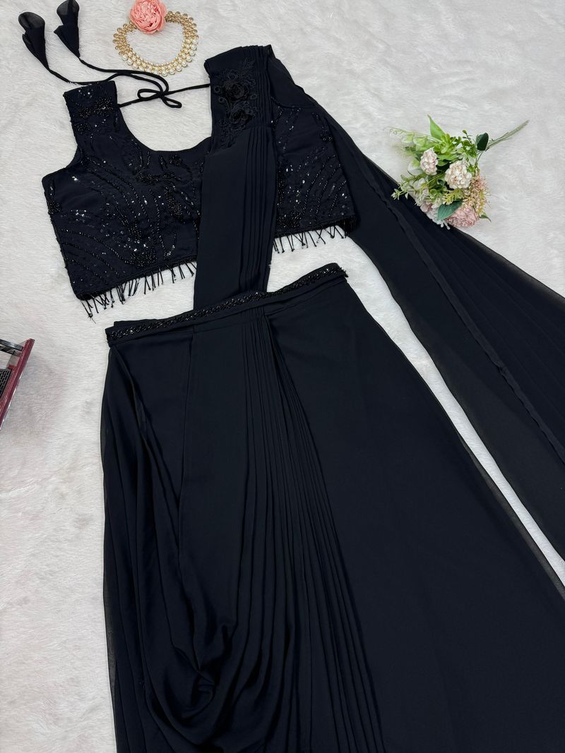 Black foux georgette sequence with Val with thread fancy lace ready to wear dhoti style