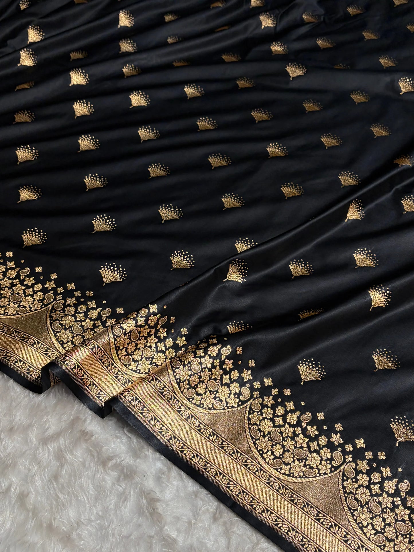 Banarasi Satin Silk Saree in Fire Gold Shade with Elegant Booti Work